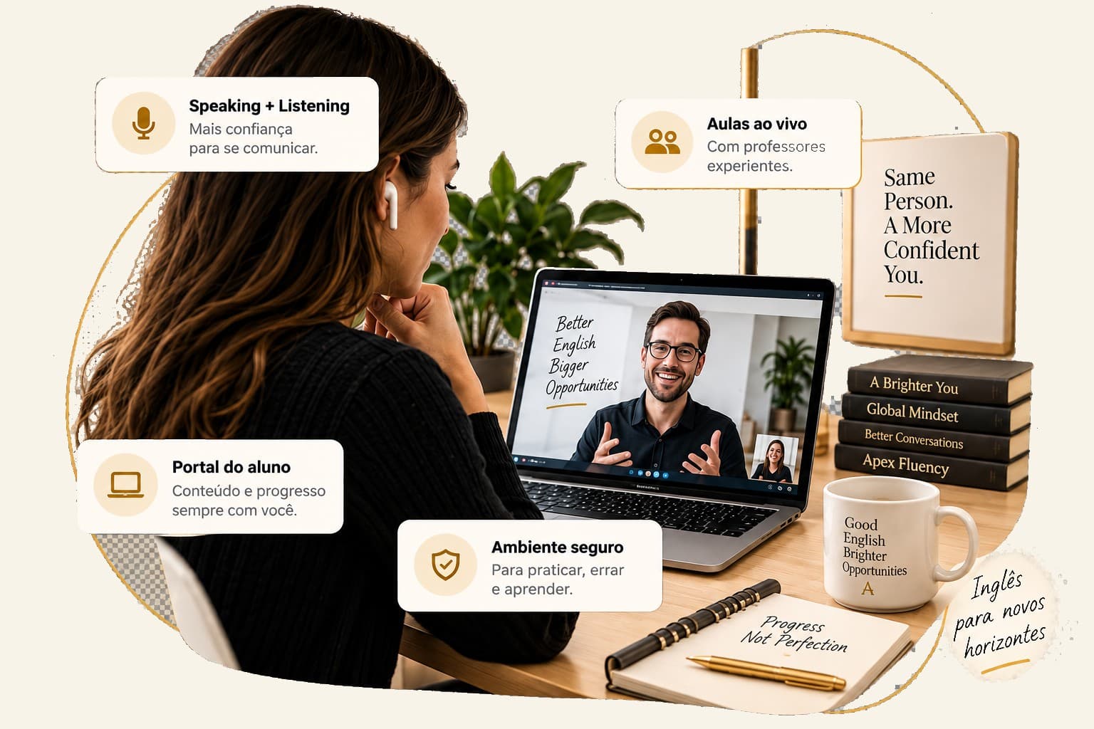 Aluna adulta em aula de inglês ao vivo pelo notebook, cercada por destaques de speaking e listening, aulas ao vivo, portal do aluno e ambiente seguro